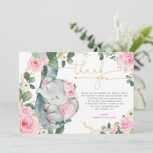 ピンクフローラゾウ赤ちゃんシャワーサンキューカード 招待状 (スタンド正面)