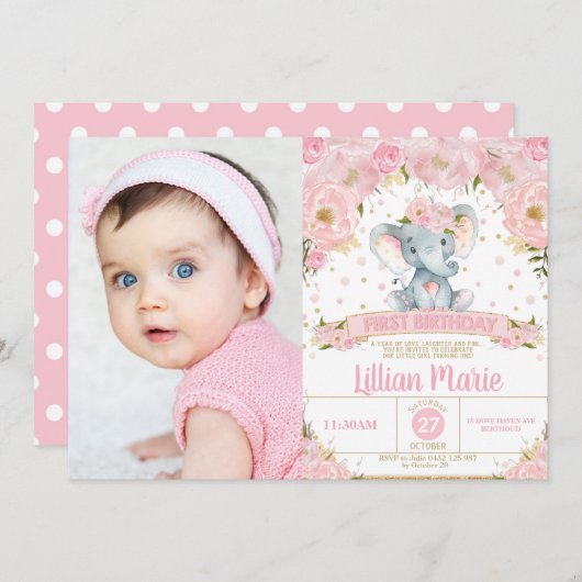 ピンクフローラゾウ1stバースデーガールフォト 招待状 (正面/裏面)