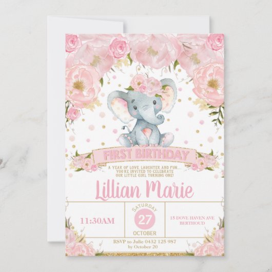 ピンクフローラゾウ1st誕生日招待状ガール 招待状 (正面)