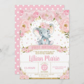 ピンクフローラゾウ1st誕生日招待状ガール 招待状 (正面/裏面)