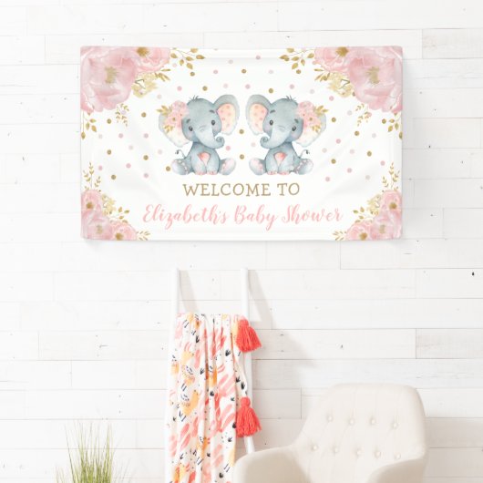 ピンクフローラゾウtwi女の子ベビーシャワーへようこそ 横断幕 (インサイチュ)