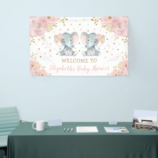 ピンクフローラゾウtwi女の子ベビーシャワーへようこそ 横断幕 (トレードショー)