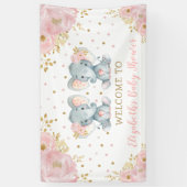 ピンクフローラゾウtwi女の子ベビーシャワーへようこそ 横断幕 (縦)