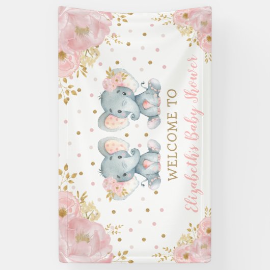 ピンクフローラゾウtwi女の子ベビーシャワーへようこそ 横断幕 (縦)