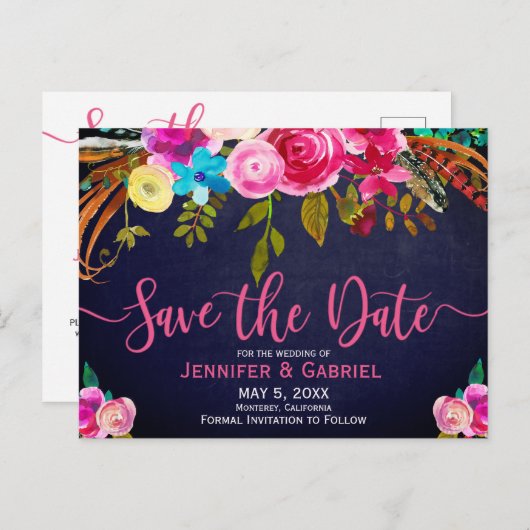 ピンクフローラタイポグラフィオンブルー日付の保存 案内ポストカード (正面/裏面)