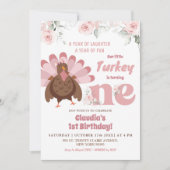 ピンクフローラターキーファースト誕生日ガール 招待状 (正面)