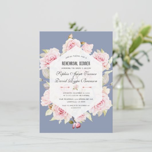 ピンクフローラダスティブルージオメトリックリハーサルディナー 招待状 (スタンド正面)