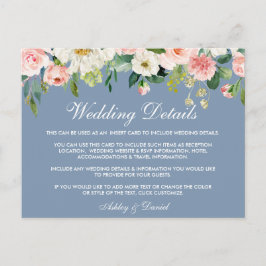 ピンクフローラダスティブルー結婚の詳細挿入カード ポストカード