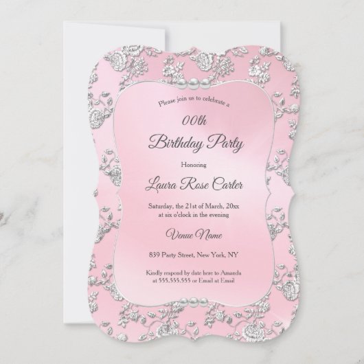 ピンクフローラダマスクシルバーバラバースデーパーティー 招待状 (正面)