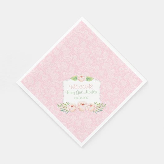 ピンクフローラダマスクナプキン/ガールベビーシャワー スタンダードランチョンナプキン (角)