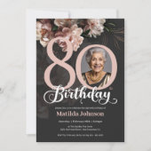 ピンクフローラダークグレーフォト80誕生日 招待状 (正面)