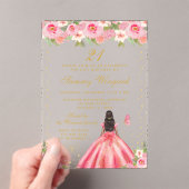 ピンクフローラダークスキンプリンセス誕生日パーティー アクリル招待状 (インサイチュ (ポータブル))