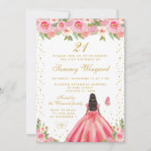 ピンクフローラダークスキンプリンセス誕生日パーティー 招待状 (正面)