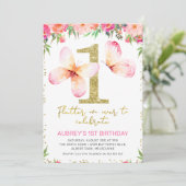 ピンクフローラチョウ金ゴールドグリッター第1誕生日 招待状 (スタンド正面)