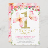 ピンクフローラチョウ金ゴールドグリッター第1誕生日 招待状 (正面/裏面)