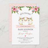 ピンクフローラツインガールズキツネベビーシャワー招待状 招待状 (正面/裏面)