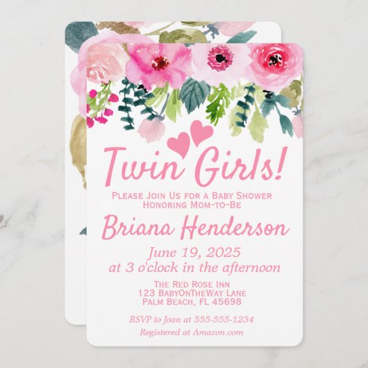 ピンクフローラツインガールズベビーシャワー招待状 招待状 (正面/裏面)