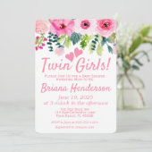 ピンクフローラツインガールズベビーシャワー招待状 招待状 (スタンド正面)