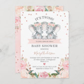 ピンクフローラツイン女の子ゾウ赤ちゃんシャワー 招待状 (正面/裏面)
