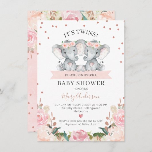 ピンクフローラツイン女の子ゾウ赤ちゃんシャワー 招待状 (正面/裏面)