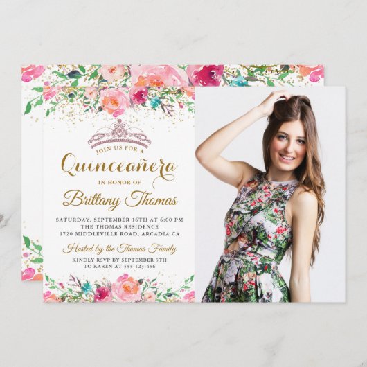 ピンクフローラティアラキンセアニェラ15誕生日写真 招待状 (正面/裏面)