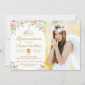 ピンクフローラティアラキンセアニラ15誕生日写真 招待状 (正面)