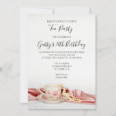 ピンクフローラティーカップと真珠の誕生日パーティー 招待状 (正面)