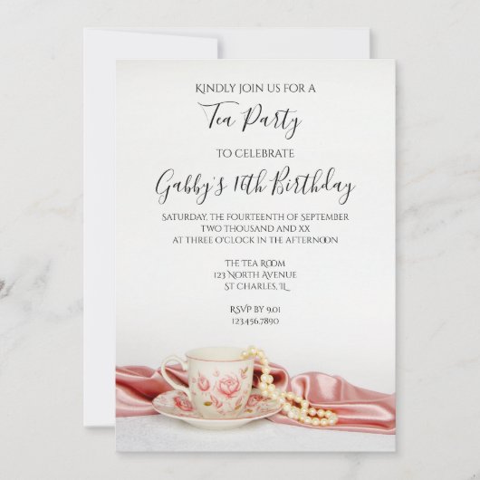 ピンクフローラティーカップと真珠の誕生日パーティー 招待状 (正面)