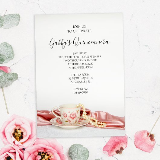 ピンクフローラティーカップ真珠キンセアニェラパーティー 招待状