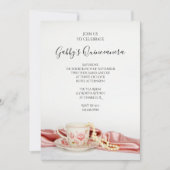 ピンクフローラティーカップ真珠キンセアニェラパーティー 招待状 (正面)