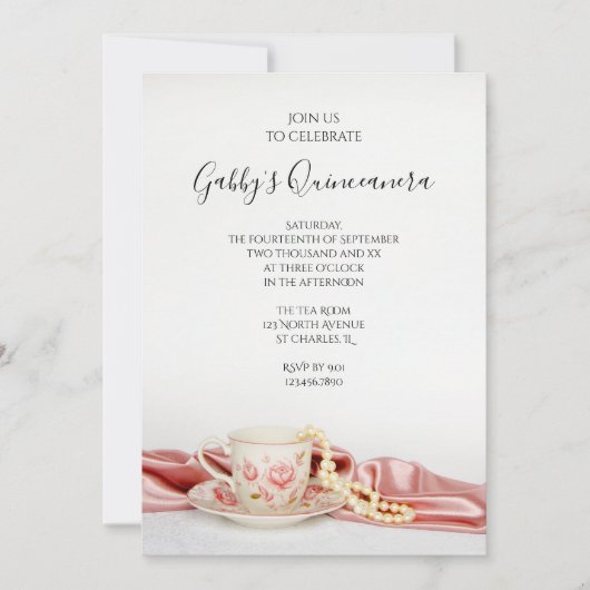 ピンクフローラティーカップ真珠キンセアニェラパーティー 招待状 (正面)