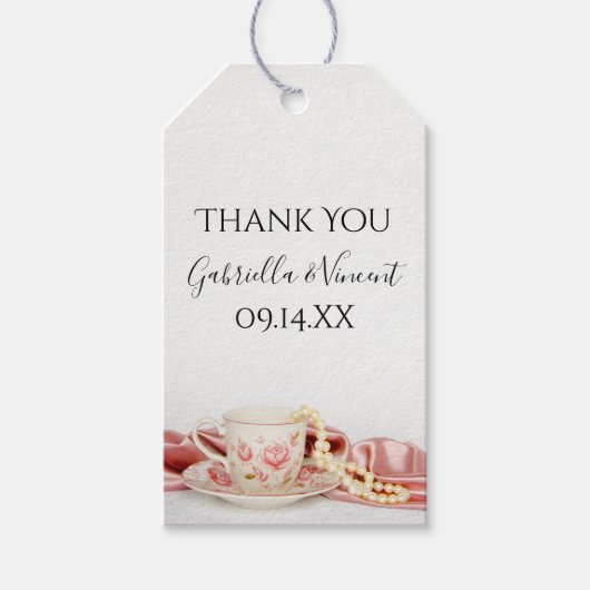 ピンクフローラティーカップ真珠結婚式の引き出物ラベル ギフトタグ (正面)