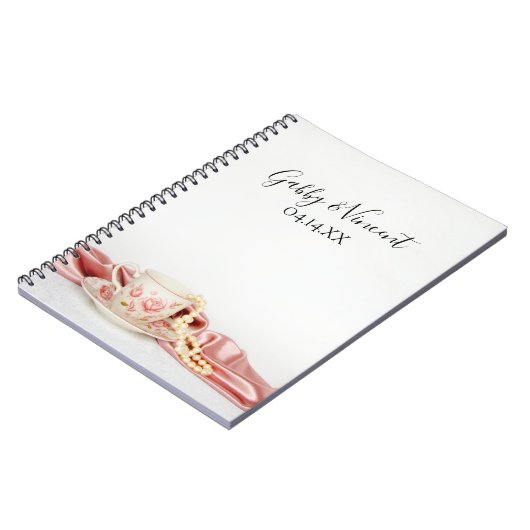 ピンクフローラティーカップ結婚真珠のゲストブック ノートブック (左側)