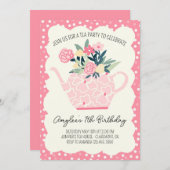 ピンクフローラティーパーティーガール誕生日招待状 招待状 (正面/裏面)