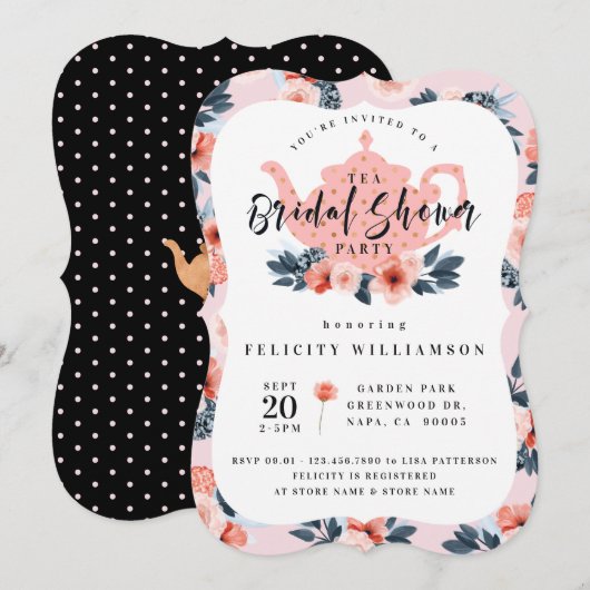 ピンクフローラティーパーティーブライダルシャワー招待 招待状 (正面/裏面)