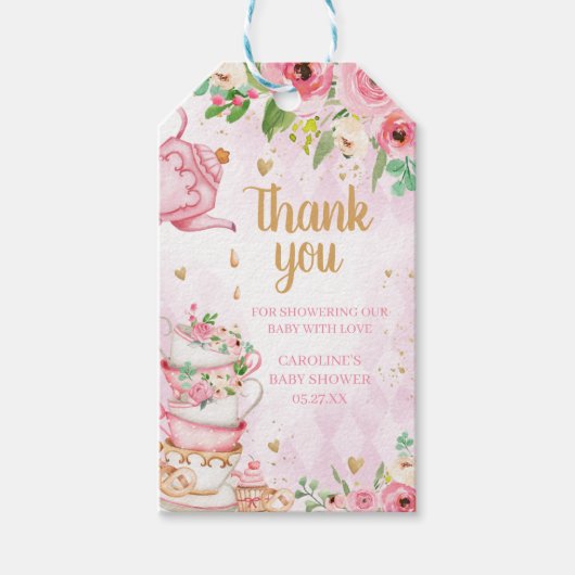 ピンクフローラティーパーティーベビーシャワーメッセージカード ギフトタグ (正面)