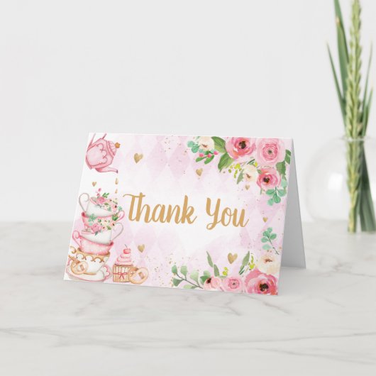 ピンクフローラティーパーティーベビーシャワー サンキューカード (正面)