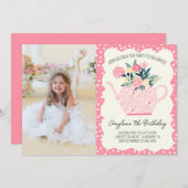 ピンクフローラティーパーティー誕生日フォト招待状 招待状 (正面/裏面)