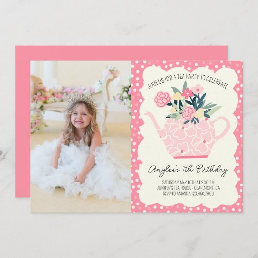 ピンクフローラティーパーティー誕生日フォト招待状 招待状 (正面/裏面)