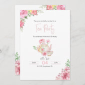 ピンクフローラティーパーティー誕生日招待状 招待状 (正面/裏面)