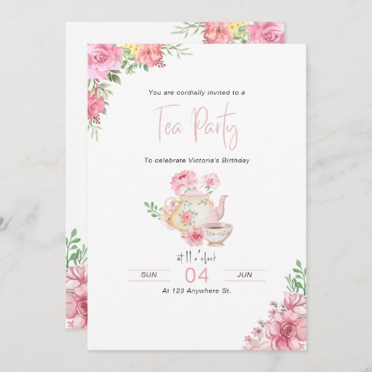 ピンクフローラティーパーティー誕生日招待状 招待状 (正面/裏面)