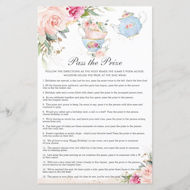 ピンクフローラティーパーティー誕生日賞品ゲームに合格 (正面)