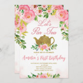 ピンクフローラティーパーティー1st誕生日、ピンクパールティー 招待状 (正面/裏面)