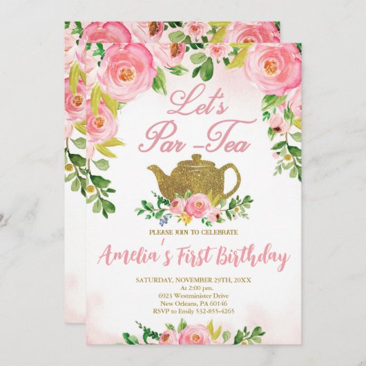 ピンクフローラティーパーティー1st誕生日、ピンクパールティー 招待状 (正面/裏面)