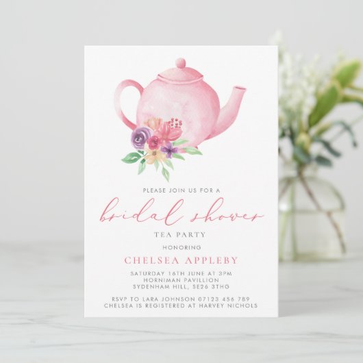 ピンクフローラティーポットブライダルシャワーティーパーティー 招待状 (スタンド正面)