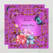 ピンクフローラティール（緑がかった色）ブルーバタフライバースデーパーティー 招待状 (正面/裏面)