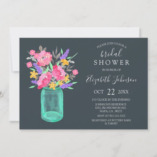 ピンクフローラティール(緑がかった色)メイソンジャー素朴ブライダルシャワー 招待状 (正面)