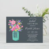 ピンクフローラティール(緑がかった色)メイソンジャー素朴ブライダルシャワー 招待状 (スタンド正面)