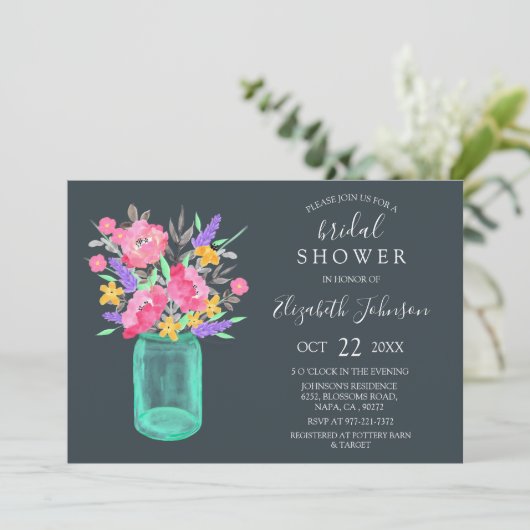 ピンクフローラティール（緑がかった色）メイソンジャー素朴ブライダルシャワー 招待状 (スタンド正面)