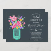 ピンクフローラティール(緑がかった色)メイソンジャー素朴ブライダルシャワー 招待状 (正面/裏面)